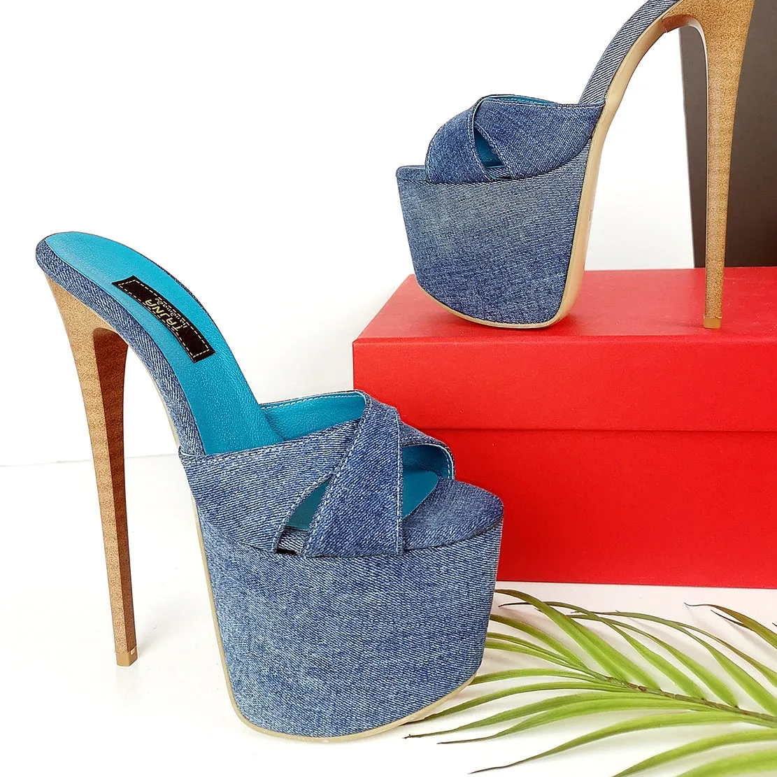 Jean Denim Cross Strap High Heel Mules