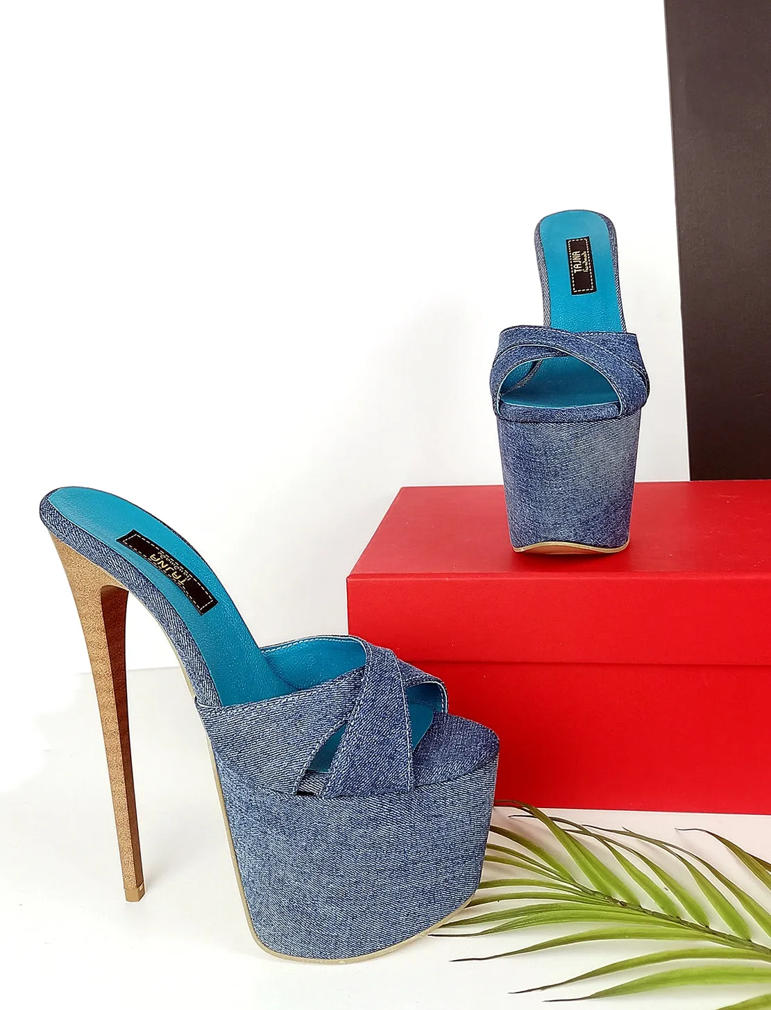 Jean Denim Cross Strap High Heel Mules