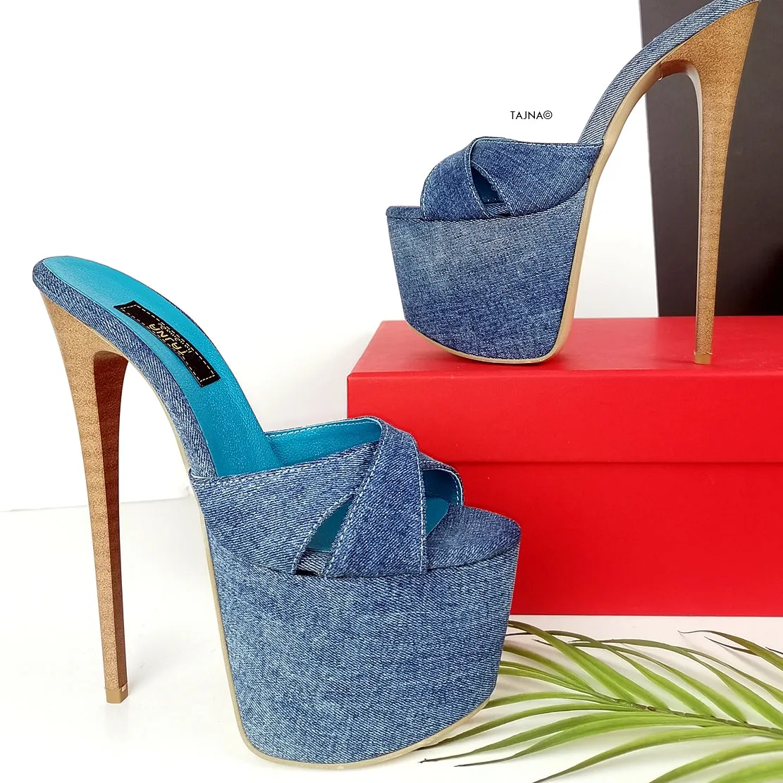 Jean Denim Cross Strap High Heel Mules
