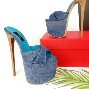 Jean Denim Cross Strap High Heel Mules