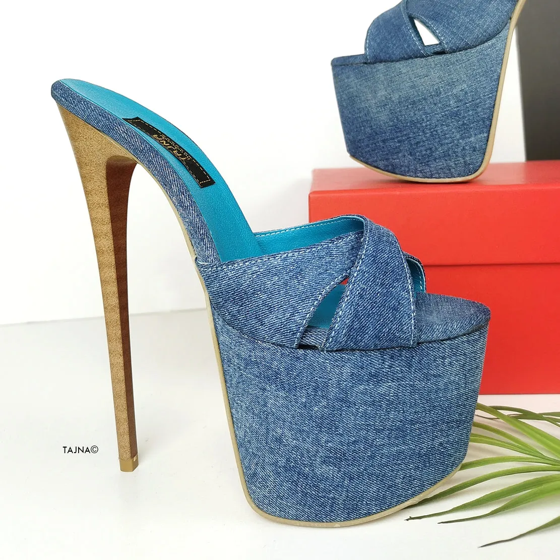 Jean Denim Cross Strap High Heel Mules