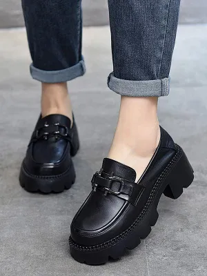 Joskaa Vintage Black&Brown Solid Color Loafers Platform Shoes