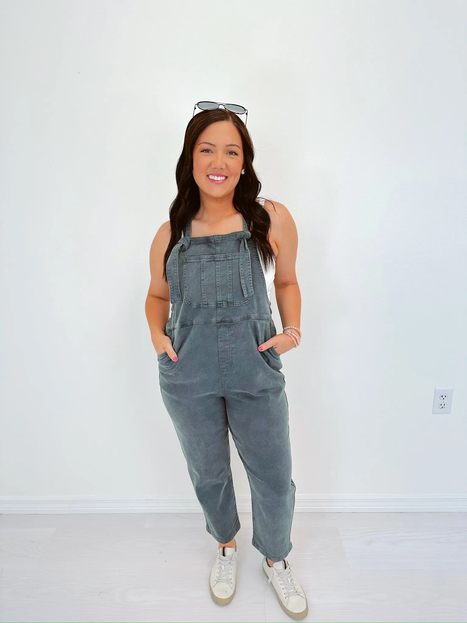 Kamryn Comfy Cropped Tie Knot Overalls - Ash Black