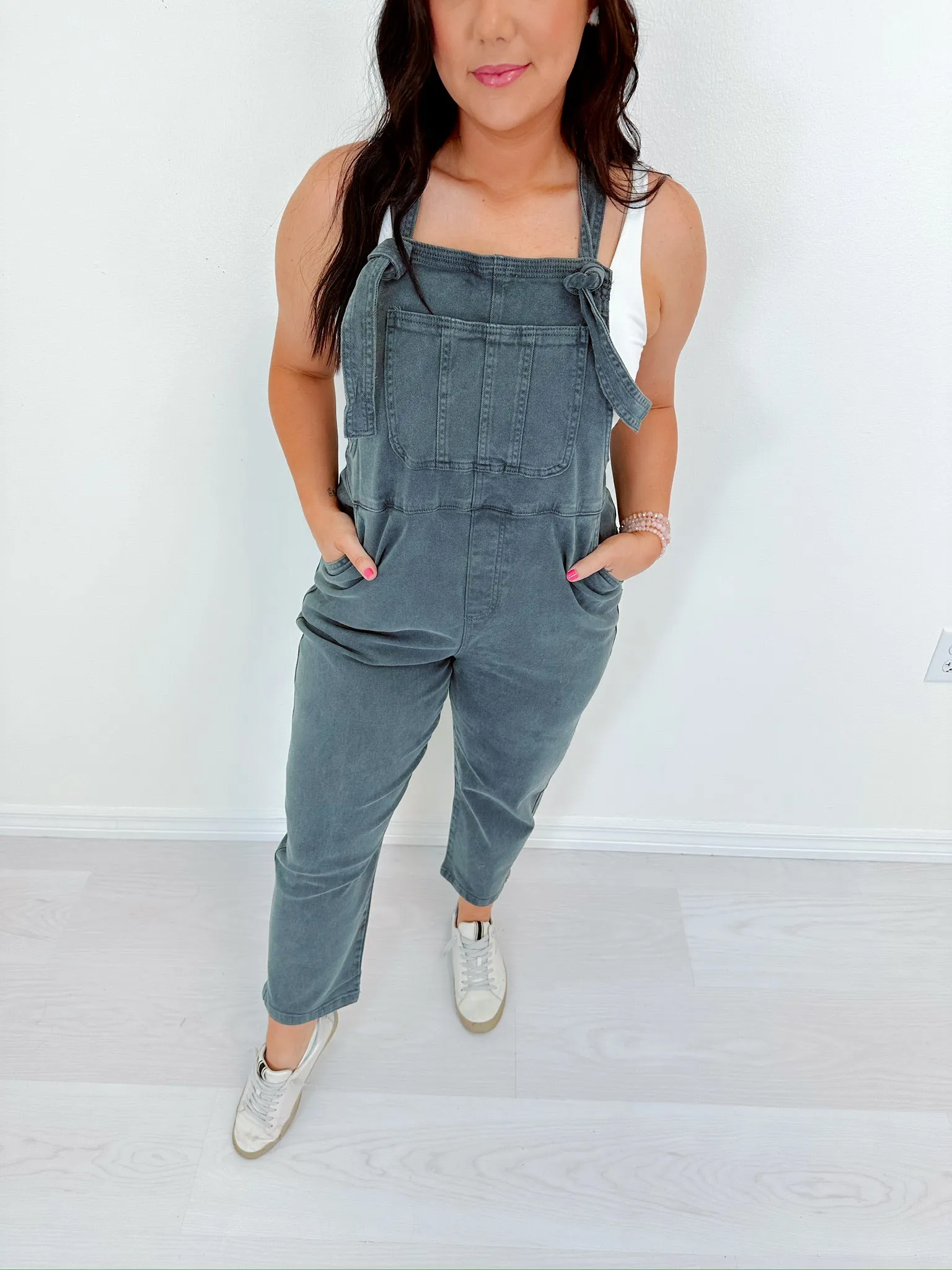 Kamryn Comfy Cropped Tie Knot Overalls - Ash Black