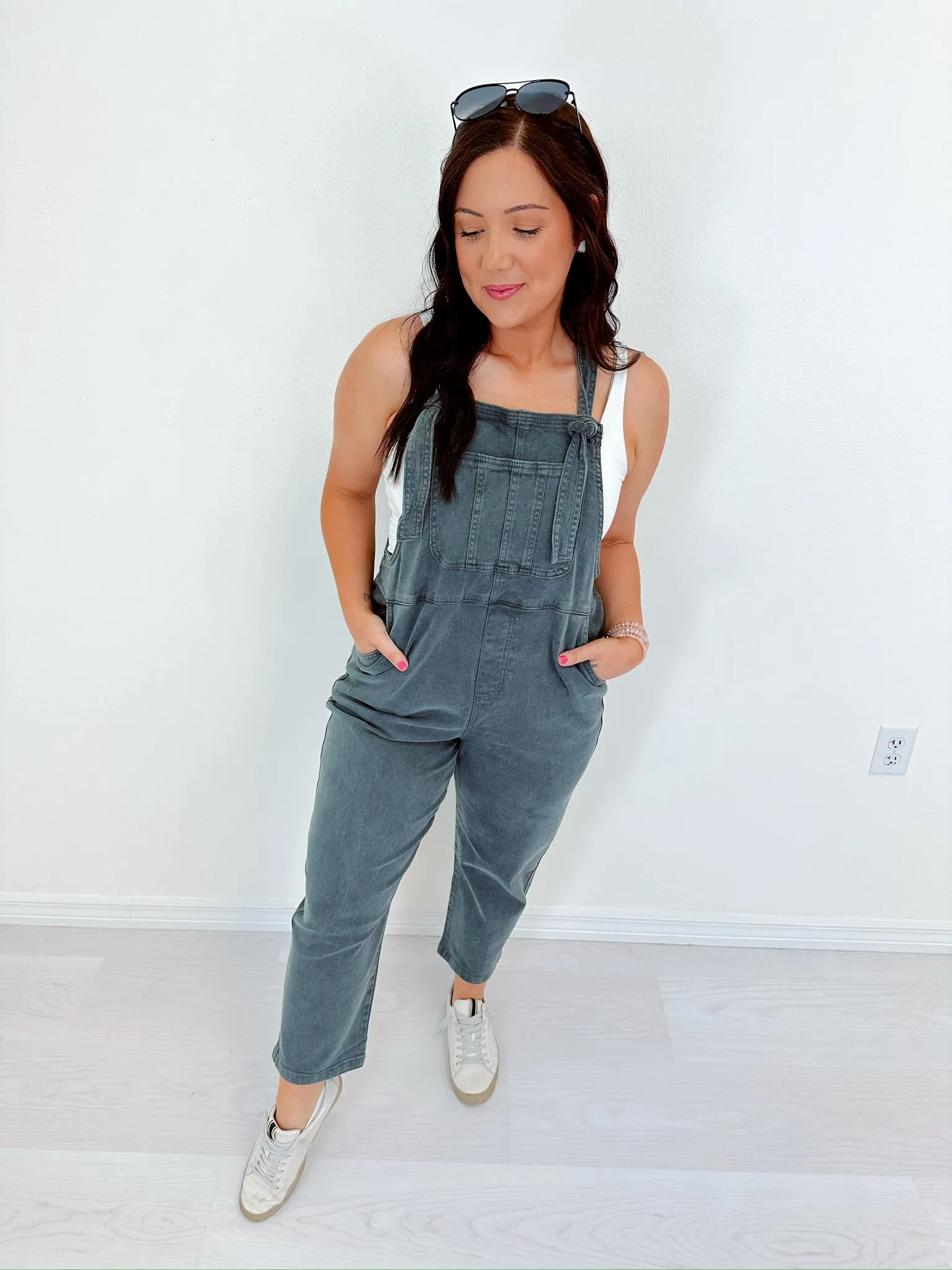 Kamryn Comfy Cropped Tie Knot Overalls - Ash Black