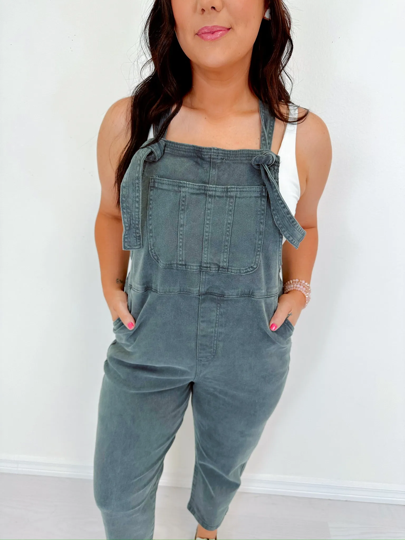 Kamryn Comfy Cropped Tie Knot Overalls - Ash Black