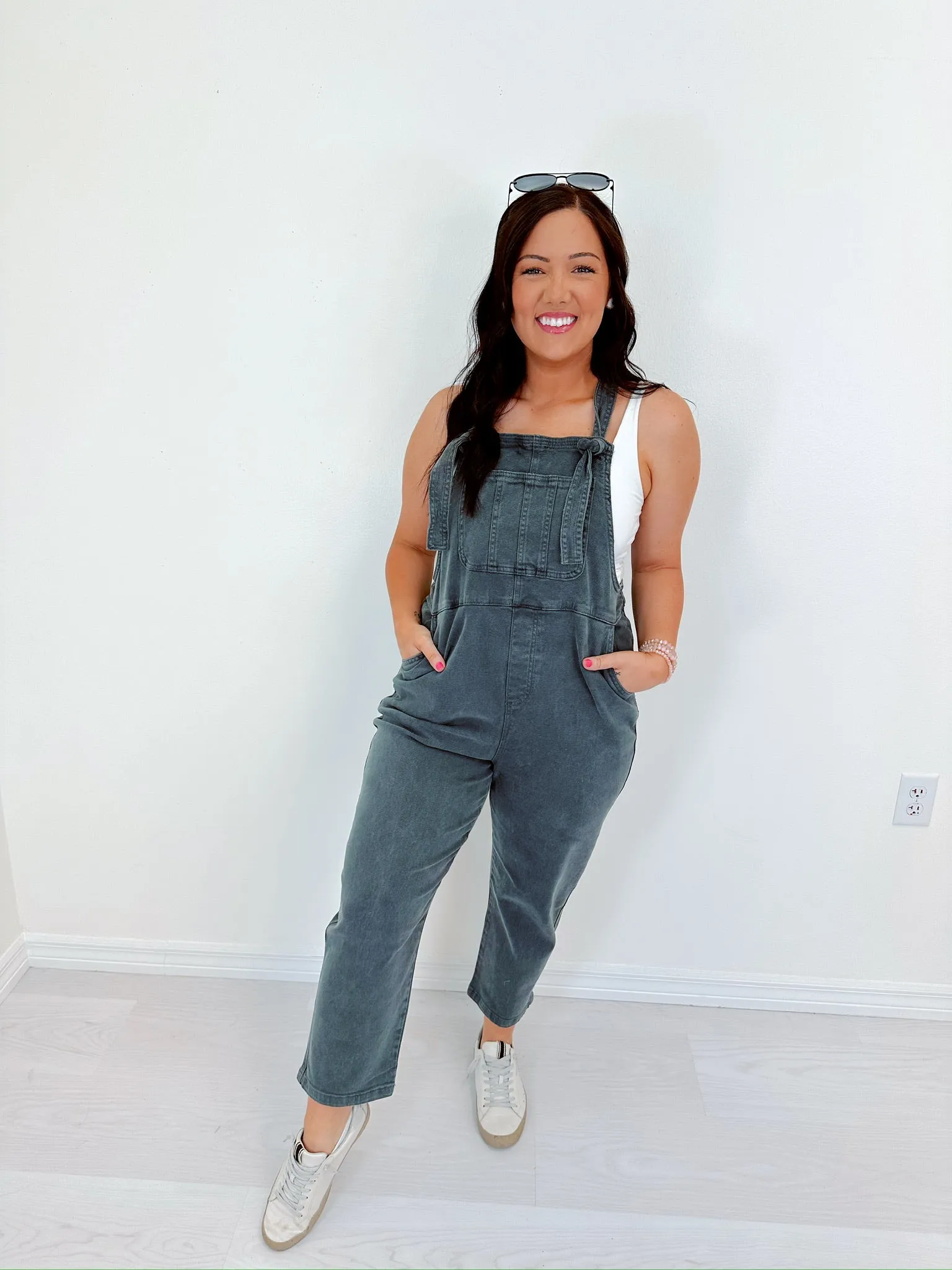 Kamryn Comfy Cropped Tie Knot Overalls - Ash Black