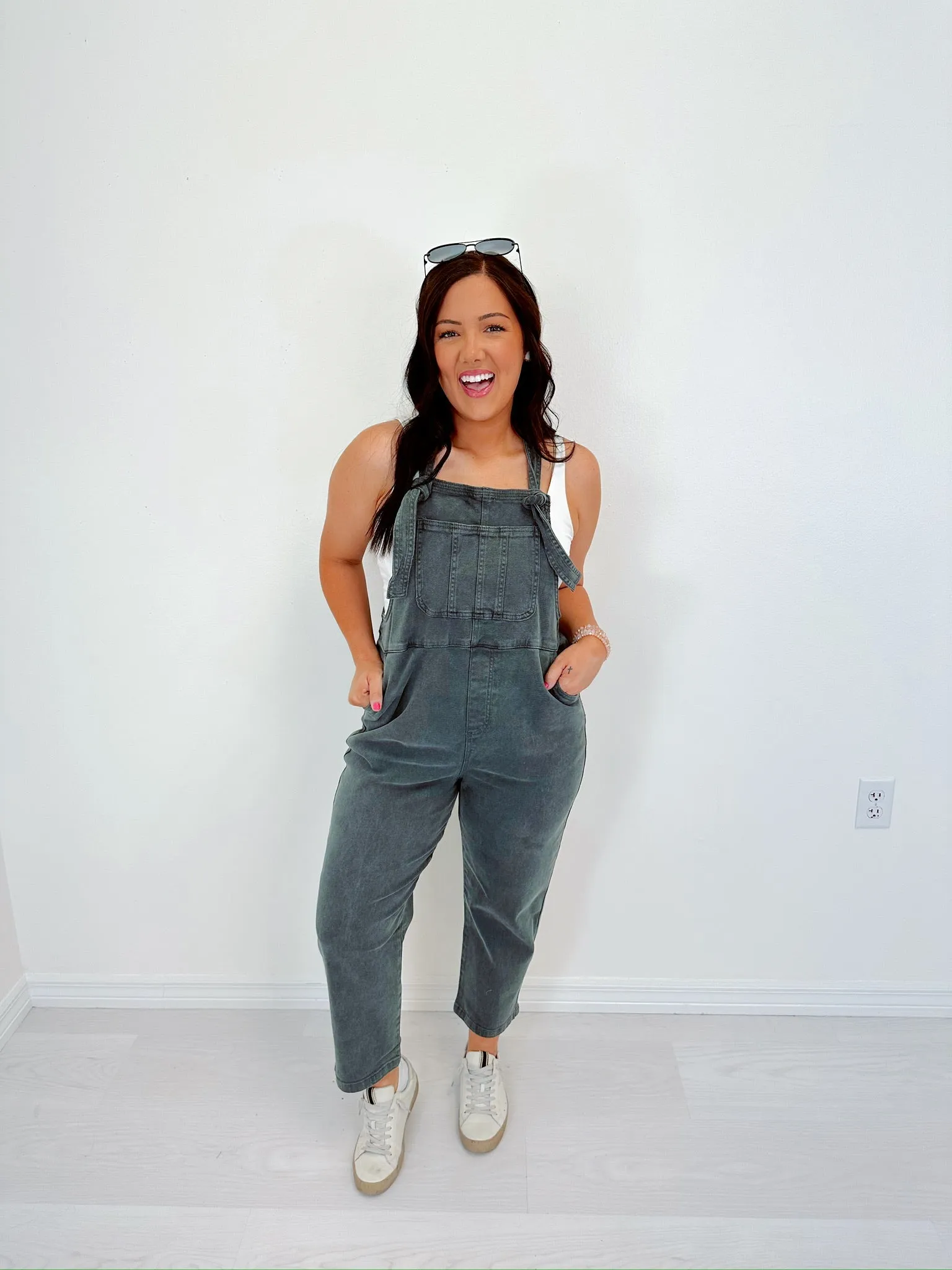 Kamryn Comfy Cropped Tie Knot Overalls - Ash Black