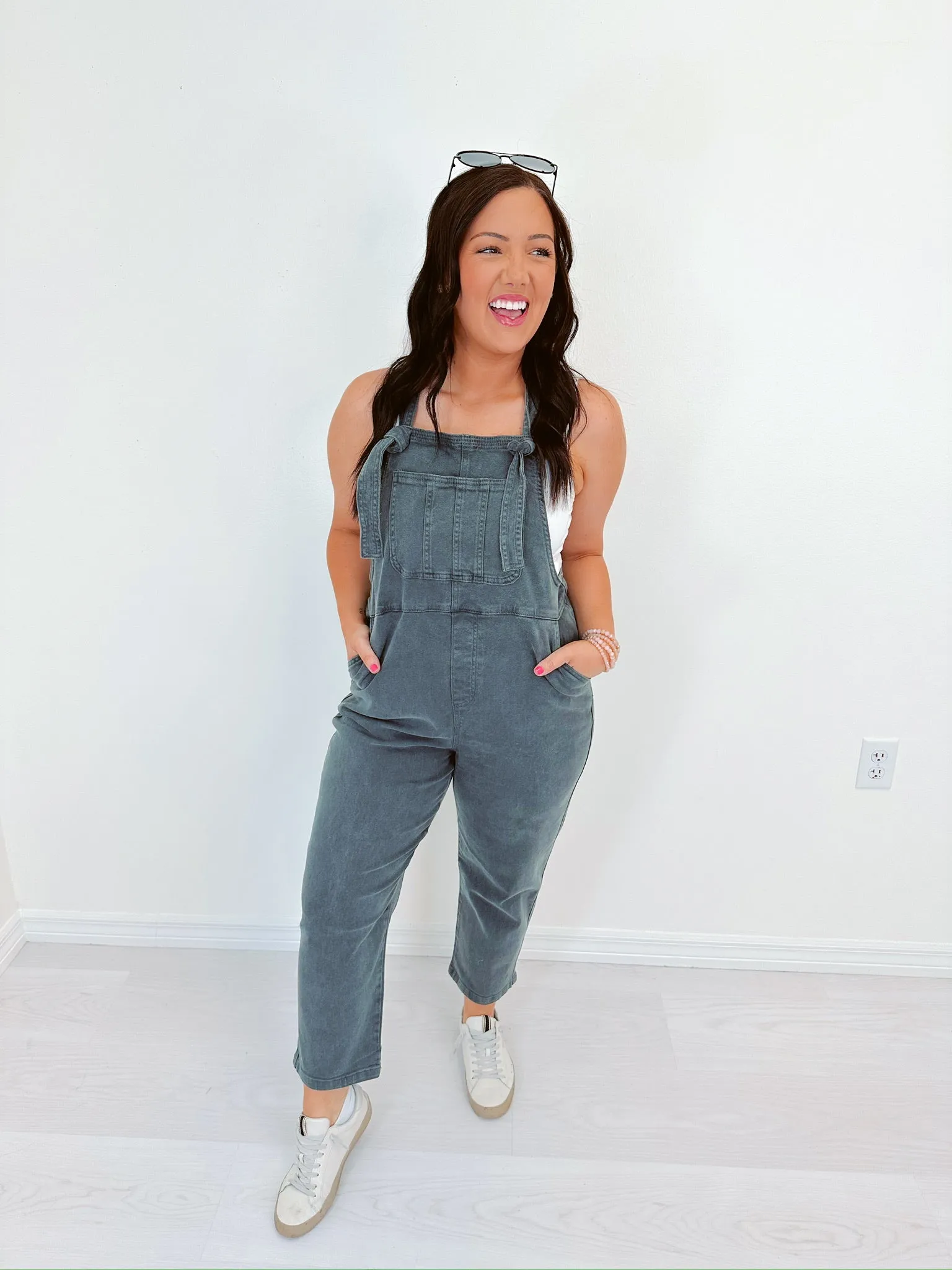 Kamryn Comfy Cropped Tie Knot Overalls - Ash Black