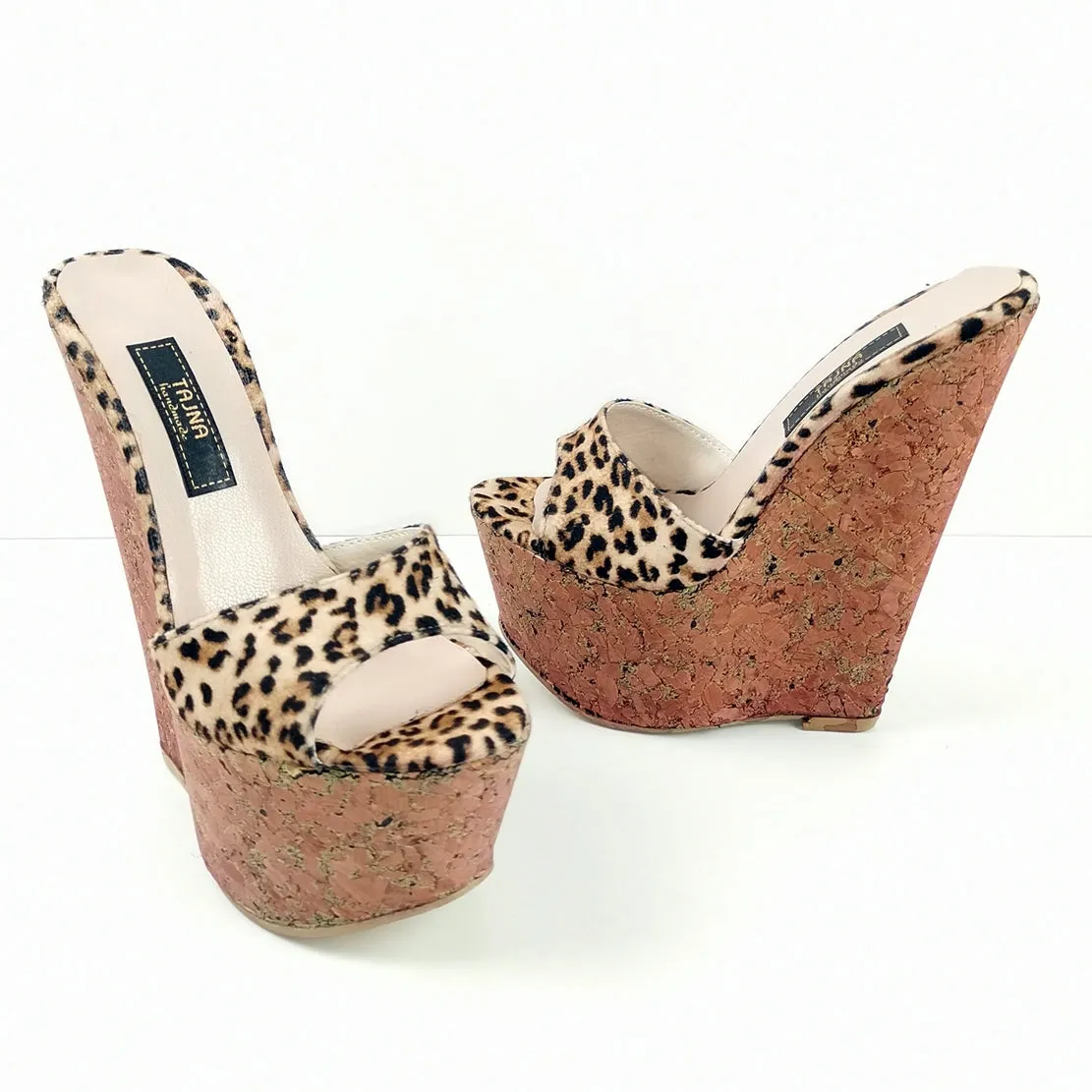 Leopard Cork Peep Toe Wedge Mules