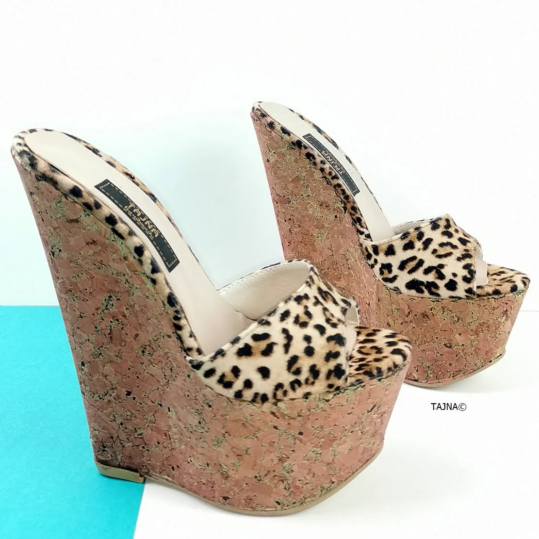 Leopard Cork Peep Toe Wedge Mules