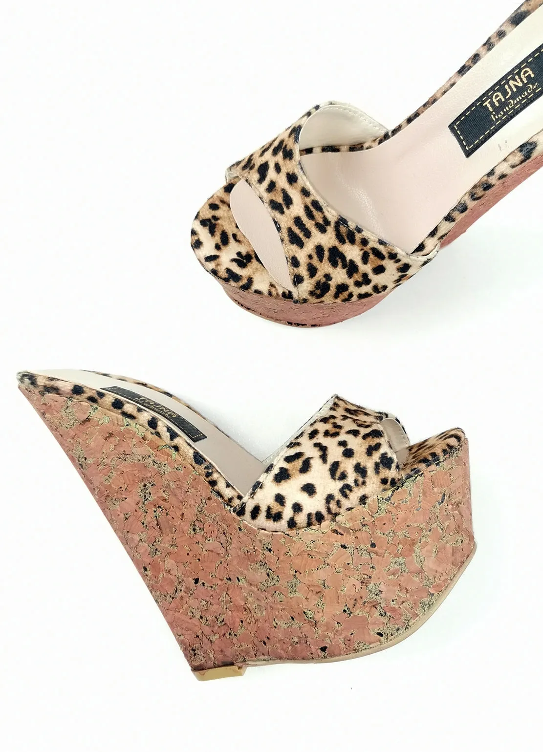 Leopard Cork Peep Toe Wedge Mules