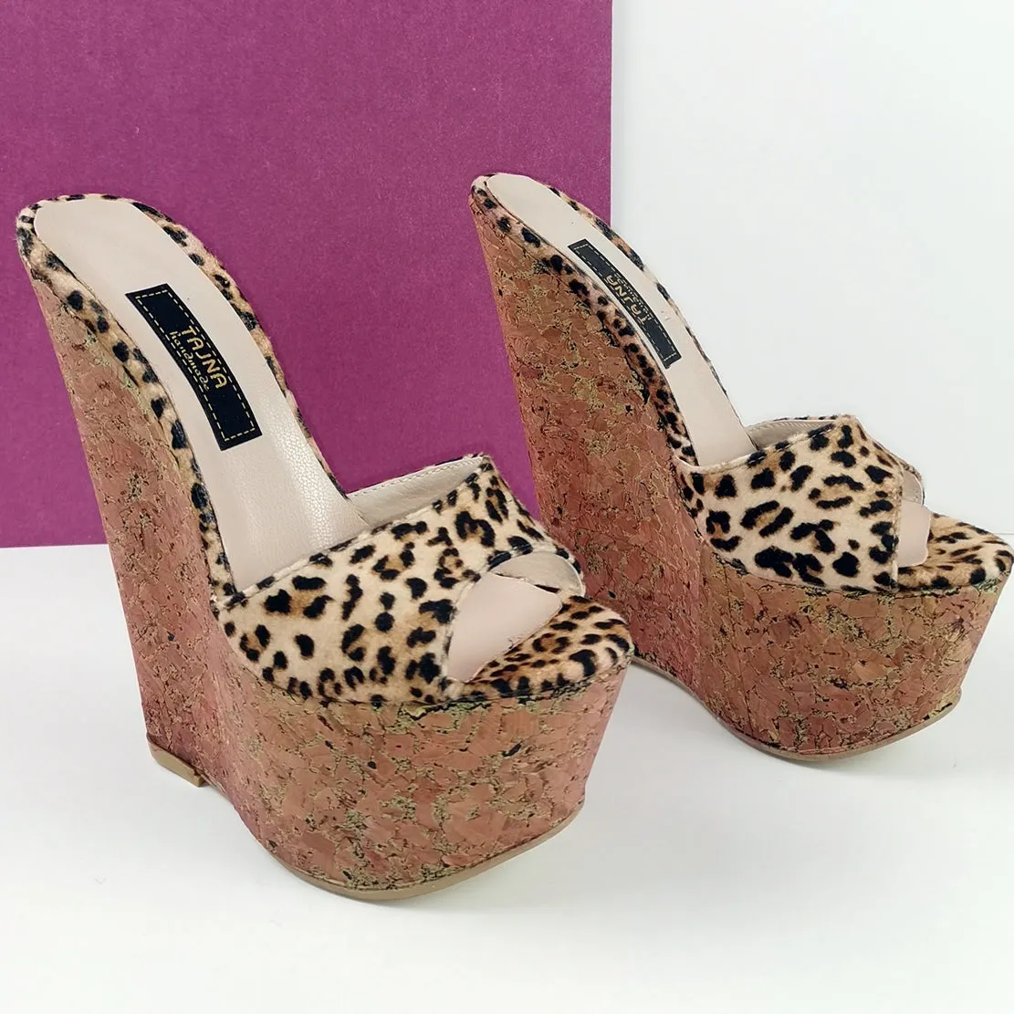 Leopard Cork Peep Toe Wedge Mules