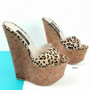 Leopard Cork Peep Toe Wedge Mules
