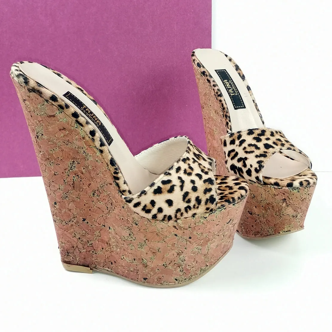 Leopard Cork Peep Toe Wedge Mules
