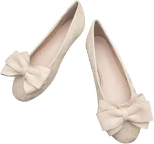 LUXINYU Women Round Toe Suede Ballet Flats with Cute Bowknot Elegant Slip on Soft Support Daily Walking Shoes Dress Shoes Office Shoes