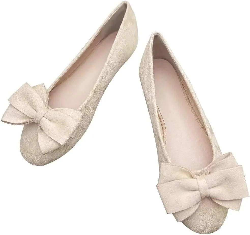 LUXINYU Women Round Toe Suede Ballet Flats with Cute Bowknot Elegant Slip on Soft Support Daily Walking Shoes Dress Shoes Office Shoes