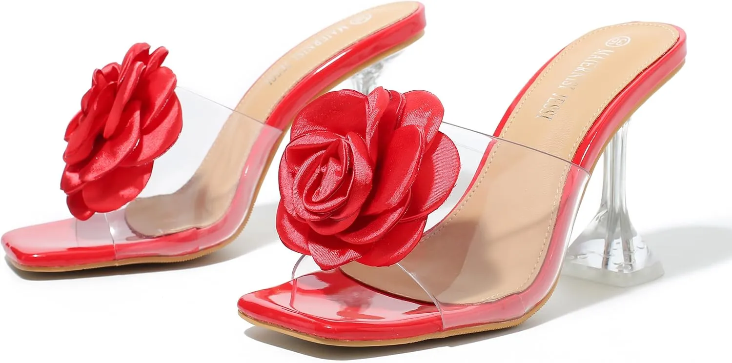 MAIERNISI JESSI Women Flowers High Heels Mules Sandals Square Toe Slip on Dress Bridal Wedding Sandals