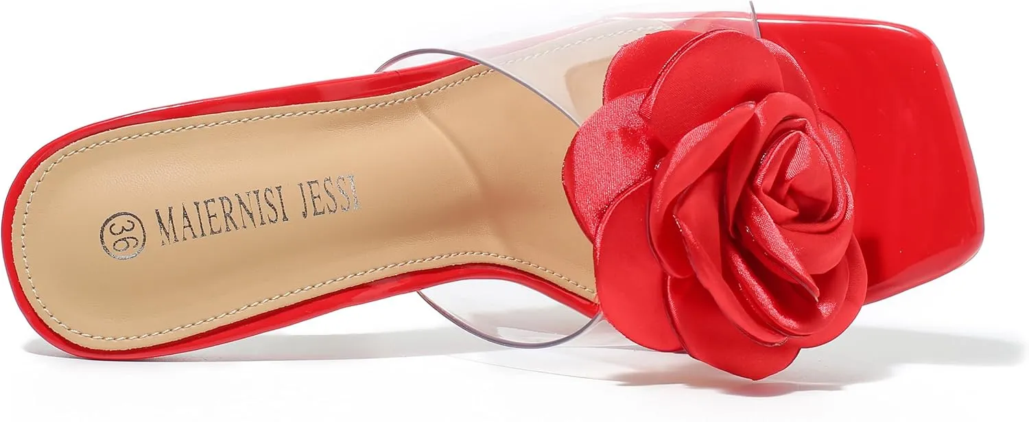 MAIERNISI JESSI Women Flowers High Heels Mules Sandals Square Toe Slip on Dress Bridal Wedding Sandals