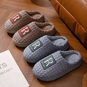 Men's Plush Letter Slippers – Warm Non-slip Indoor Shoes