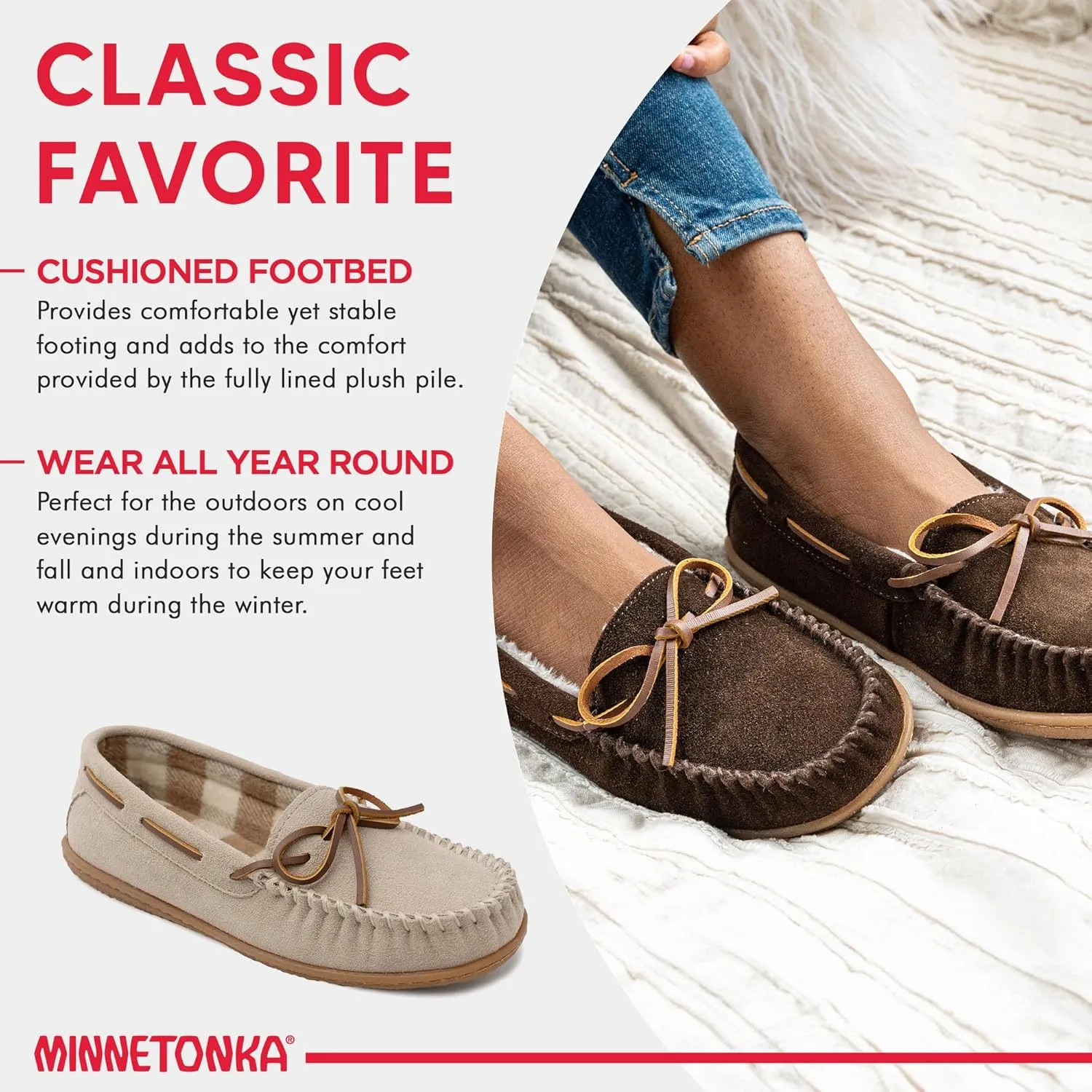 Minnetonka Womens Camp Tie Moc  Cozy, Suede Moccasin Slippers for Women with Plush Pile Lining, Cushioned Footbed, and Durable Sole for Indoor & Outdoor Comfort