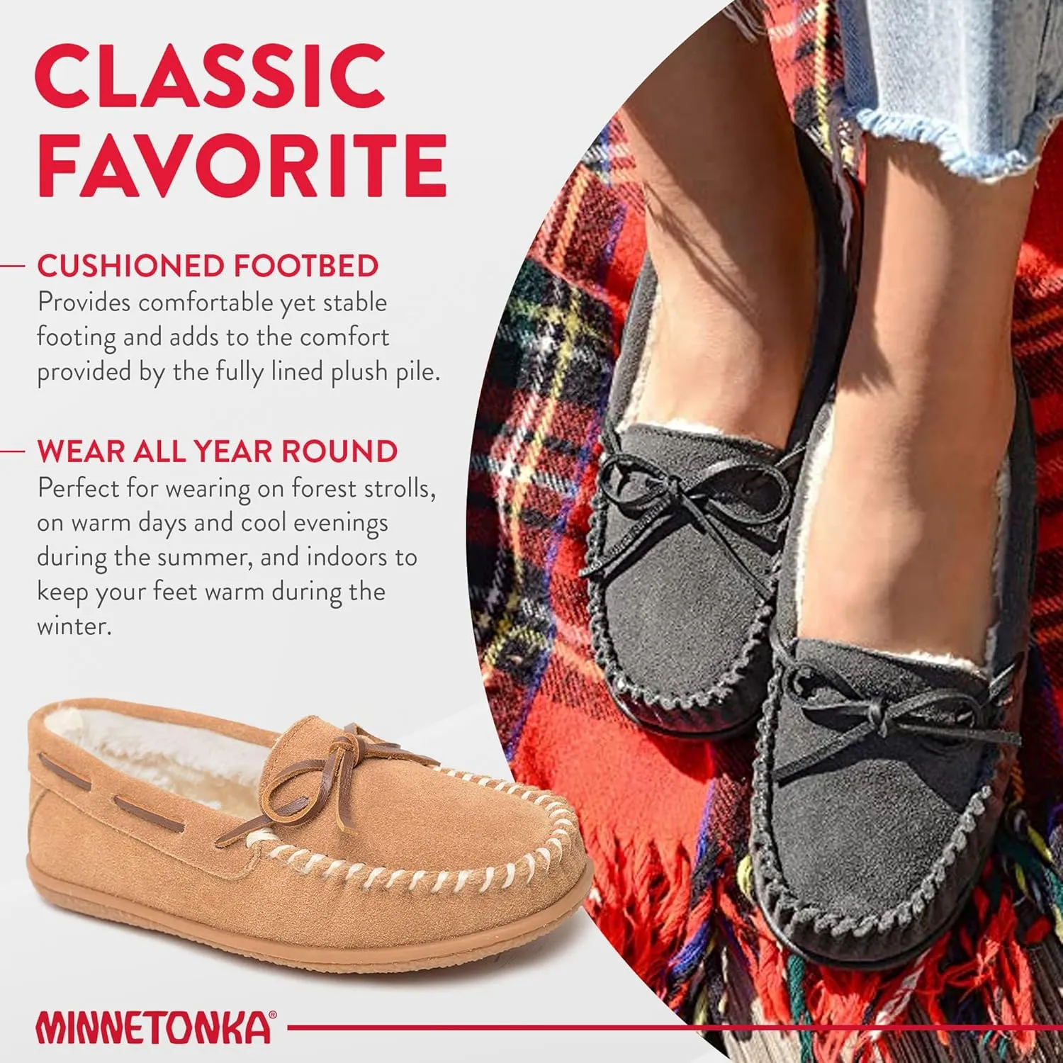 Minnetonka Womens Camp Tie Moc  Cozy, Suede Moccasin Slippers for Women with Plush Pile Lining, Cushioned Footbed, and Durable Sole for Indoor & Outdoor Comfort