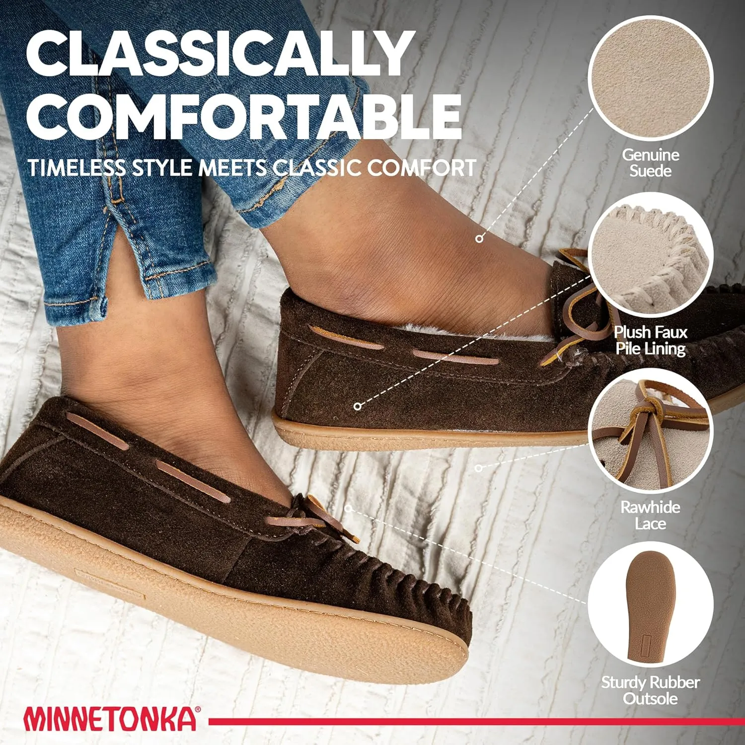 Minnetonka Womens Camp Tie Moc  Cozy, Suede Moccasin Slippers for Women with Plush Pile Lining, Cushioned Footbed, and Durable Sole for Indoor & Outdoor Comfort