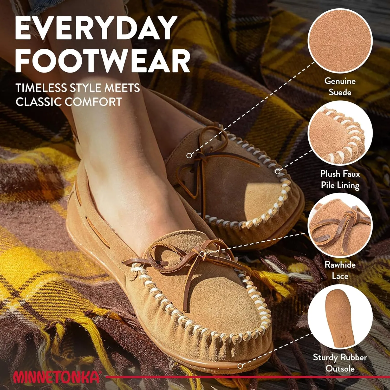 Minnetonka Womens Camp Tie Moc  Cozy, Suede Moccasin Slippers for Women with Plush Pile Lining, Cushioned Footbed, and Durable Sole for Indoor & Outdoor Comfort