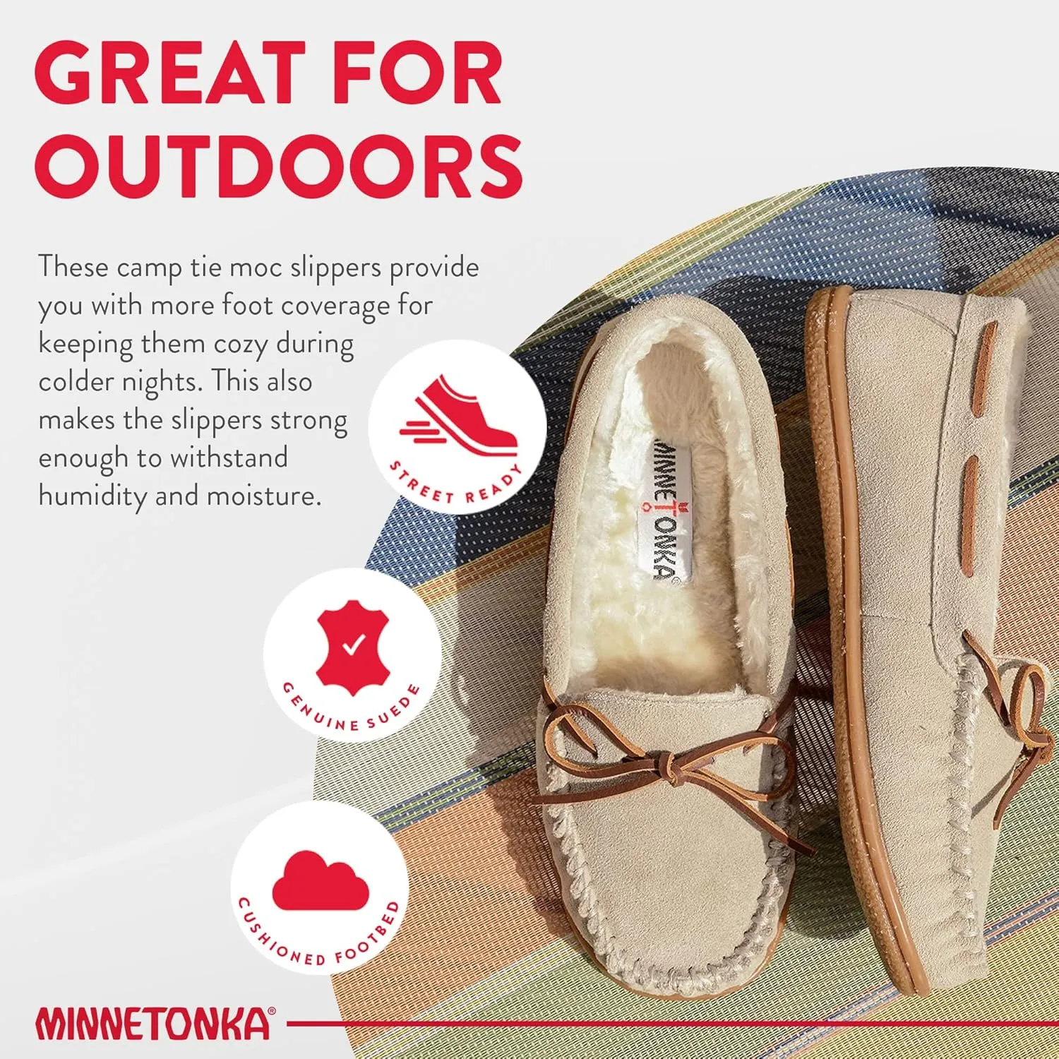 Minnetonka Womens Camp Tie Moc  Cozy, Suede Moccasin Slippers for Women with Plush Pile Lining, Cushioned Footbed, and Durable Sole for Indoor & Outdoor Comfort