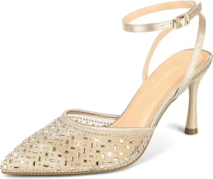 PIZZ ANNU Women's Cienna High Heels Sexy Stiletto Pumps Closed Toe Mesh Sparkly Rhinestones Ankle Strap Dress Wedding Party Pumps Shoes
