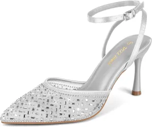 PIZZ ANNU Women's Cienna High Heels Sexy Stiletto Pumps Closed Toe Mesh Sparkly Rhinestones Ankle Strap Dress Wedding Party Pumps Shoes