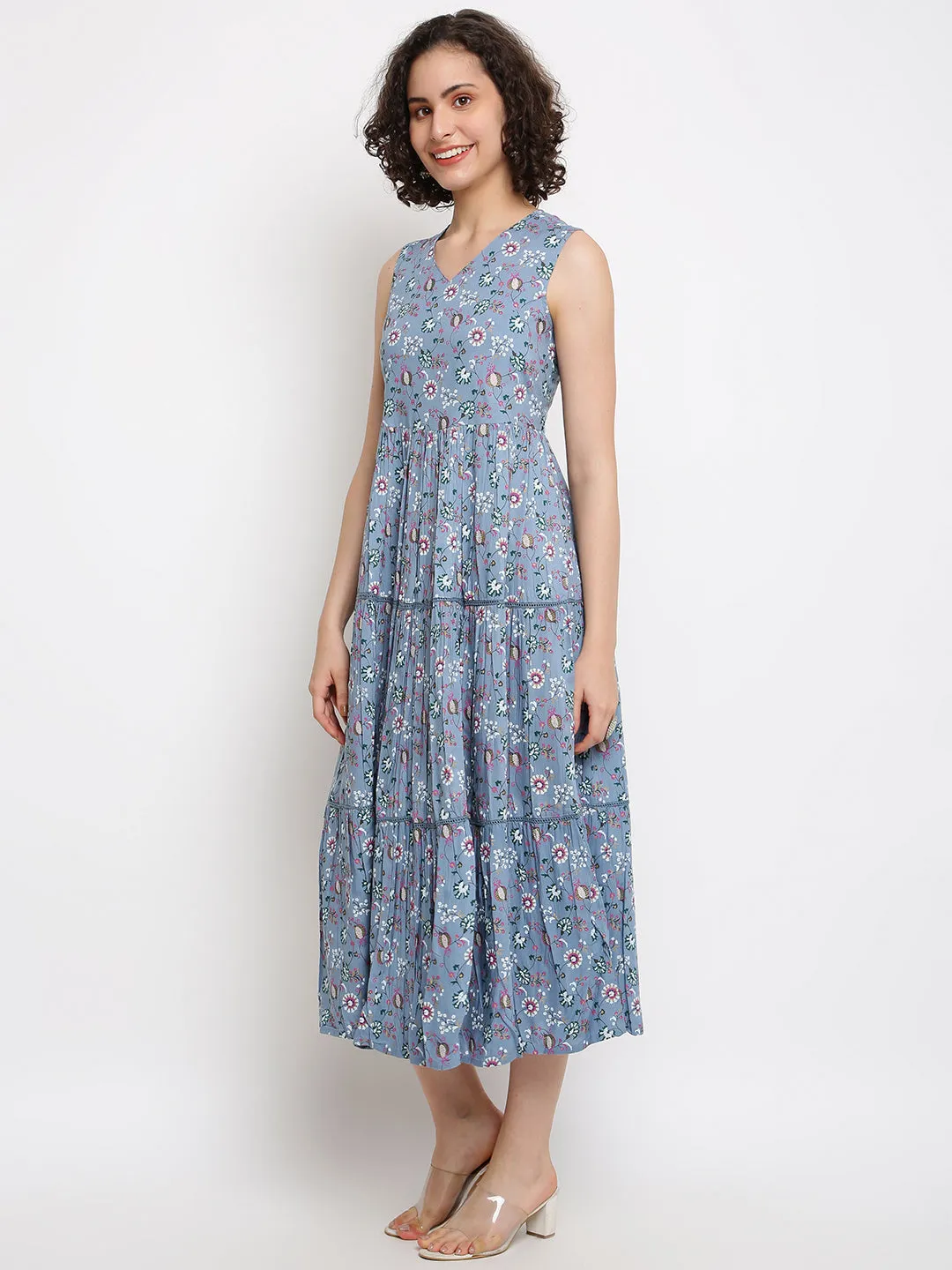 Printed Blue Tiered Dress