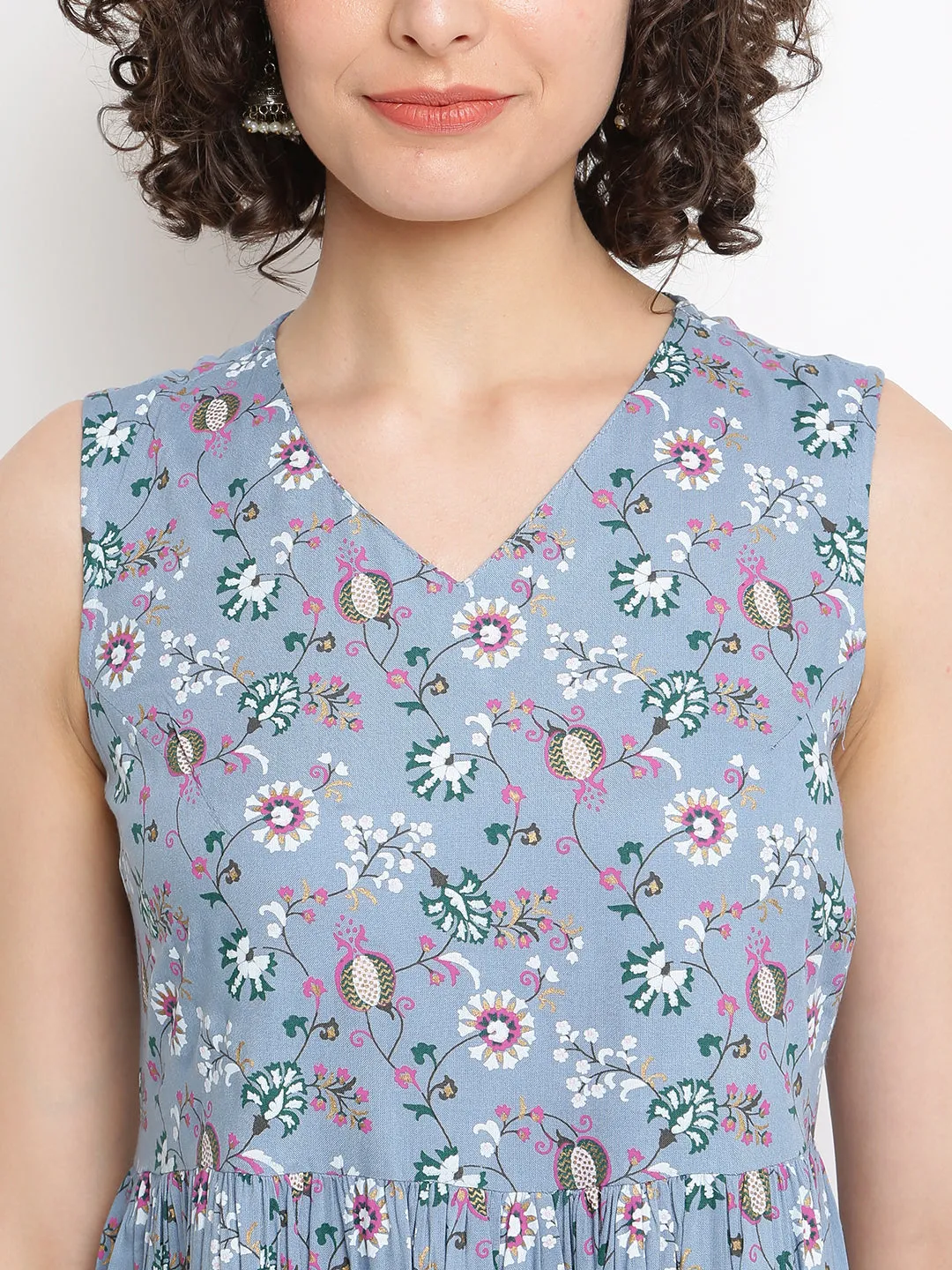 Printed Blue Tiered Dress