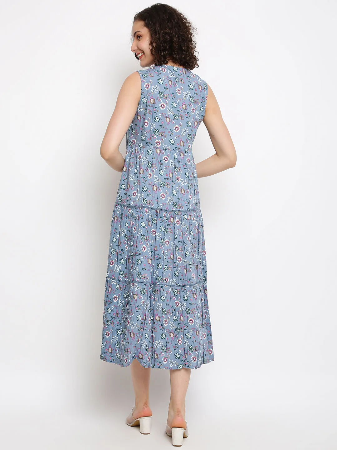 Printed Blue Tiered Dress