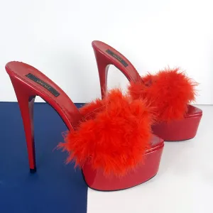 Red Fur High Heel Mules