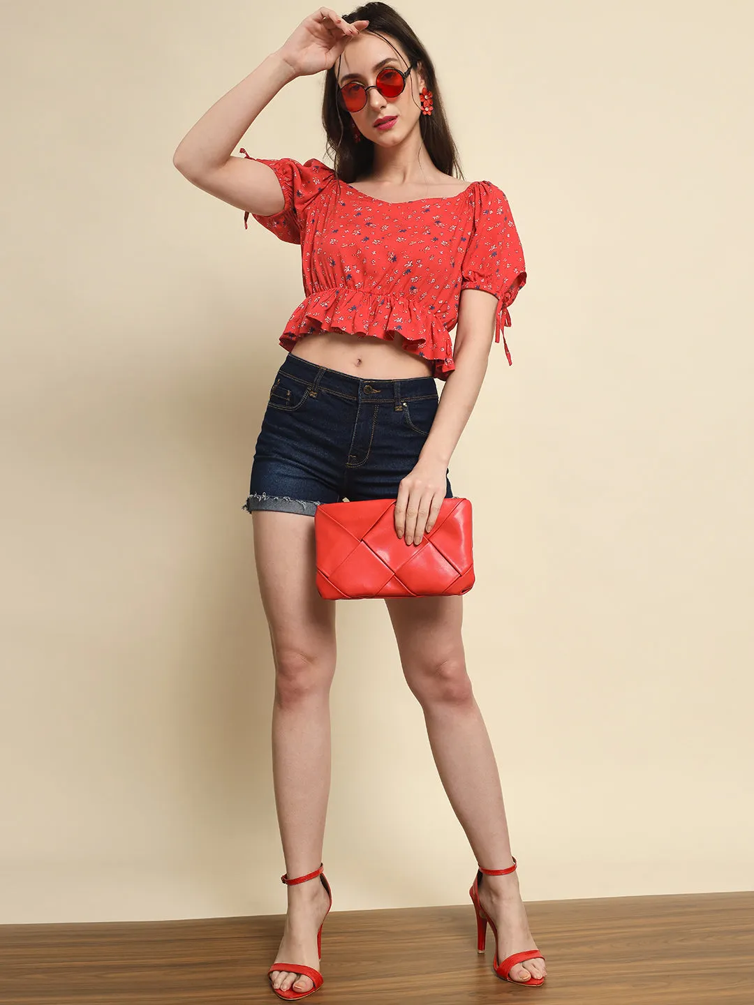 Red Printed Frill Top