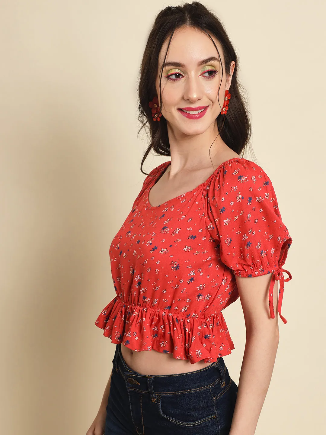 Red Printed Frill Top