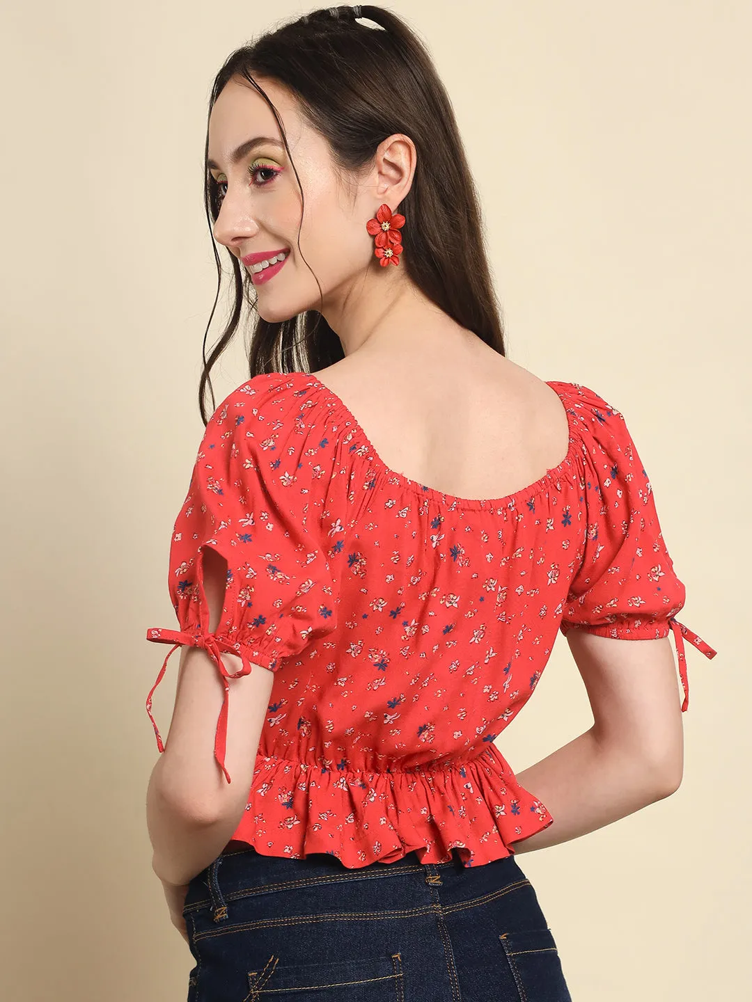 Red Printed Frill Top