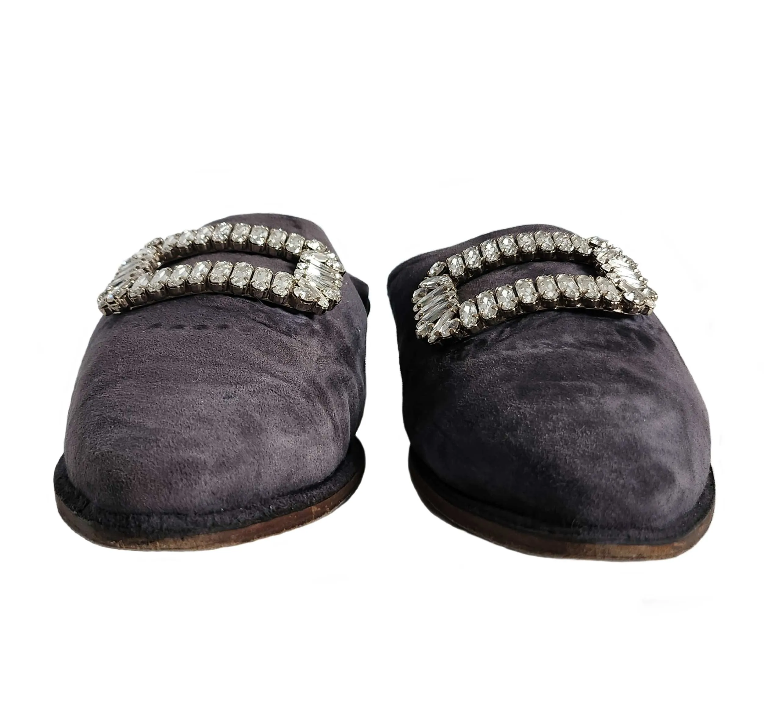 ROGER VIVIER GRAY VIV STRASS SUEDE BUCKLE FOLD DOWN MULES (39)