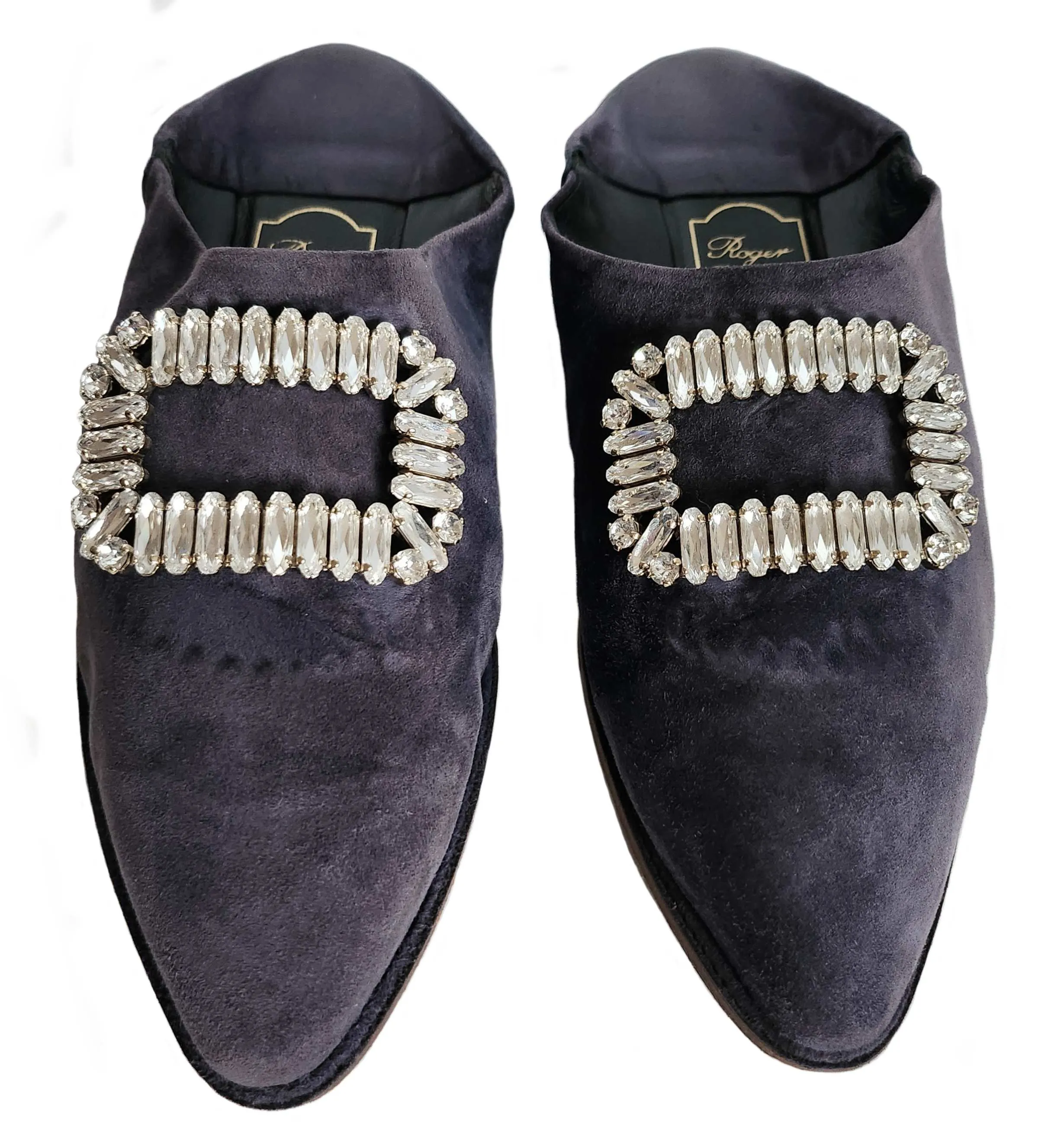 ROGER VIVIER GRAY VIV STRASS SUEDE BUCKLE FOLD DOWN MULES (39)