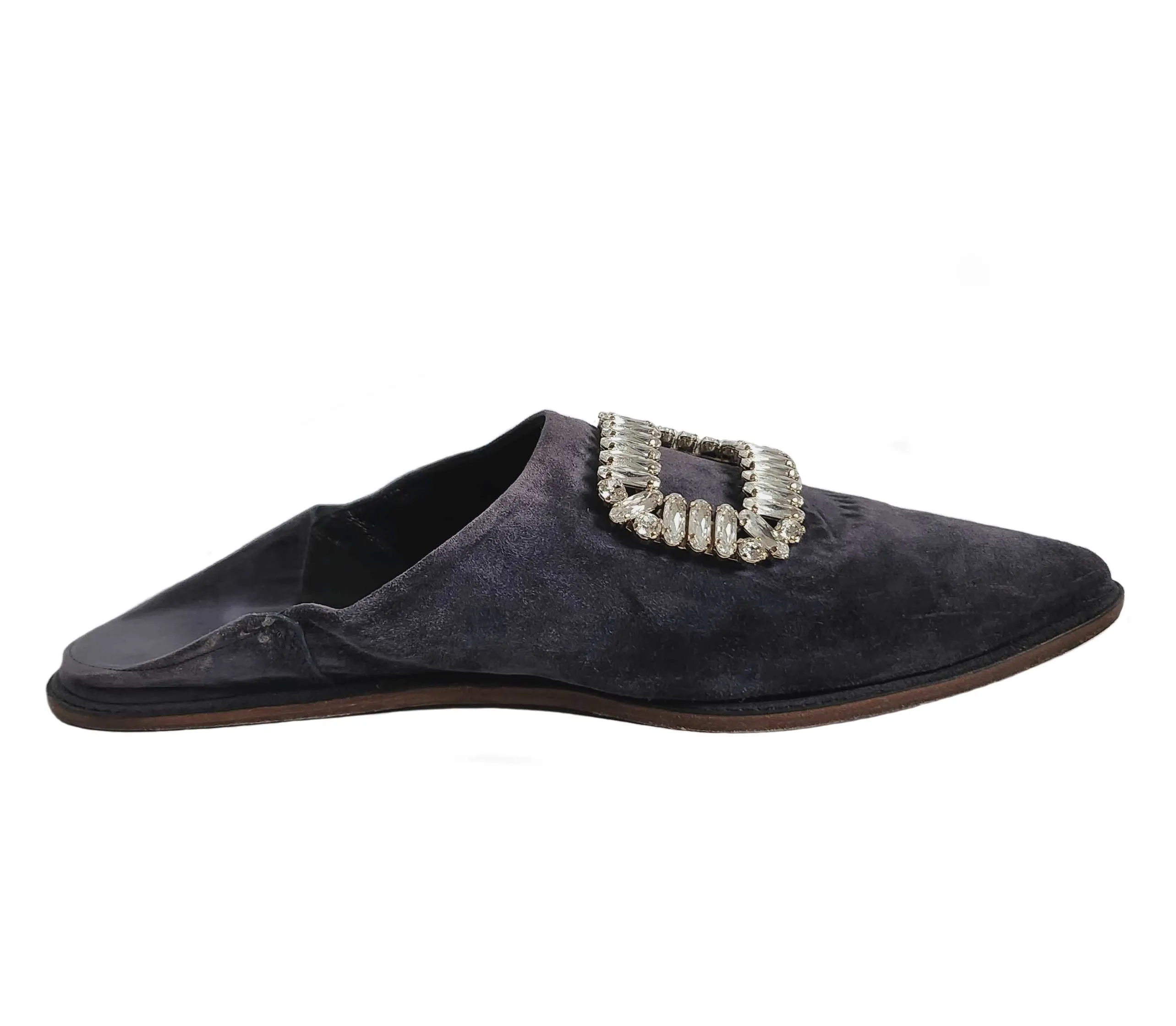 ROGER VIVIER GRAY VIV STRASS SUEDE BUCKLE FOLD DOWN MULES (39)