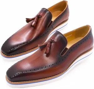 Santimon Mens Slip On Shoe Formal Dress Tassel Loafers Genunie Leather Plain Toe Penny Loafer Prom Wedding Business Casual Suit Shoes Comfortable Fashion Tuxedo Shoes for Men