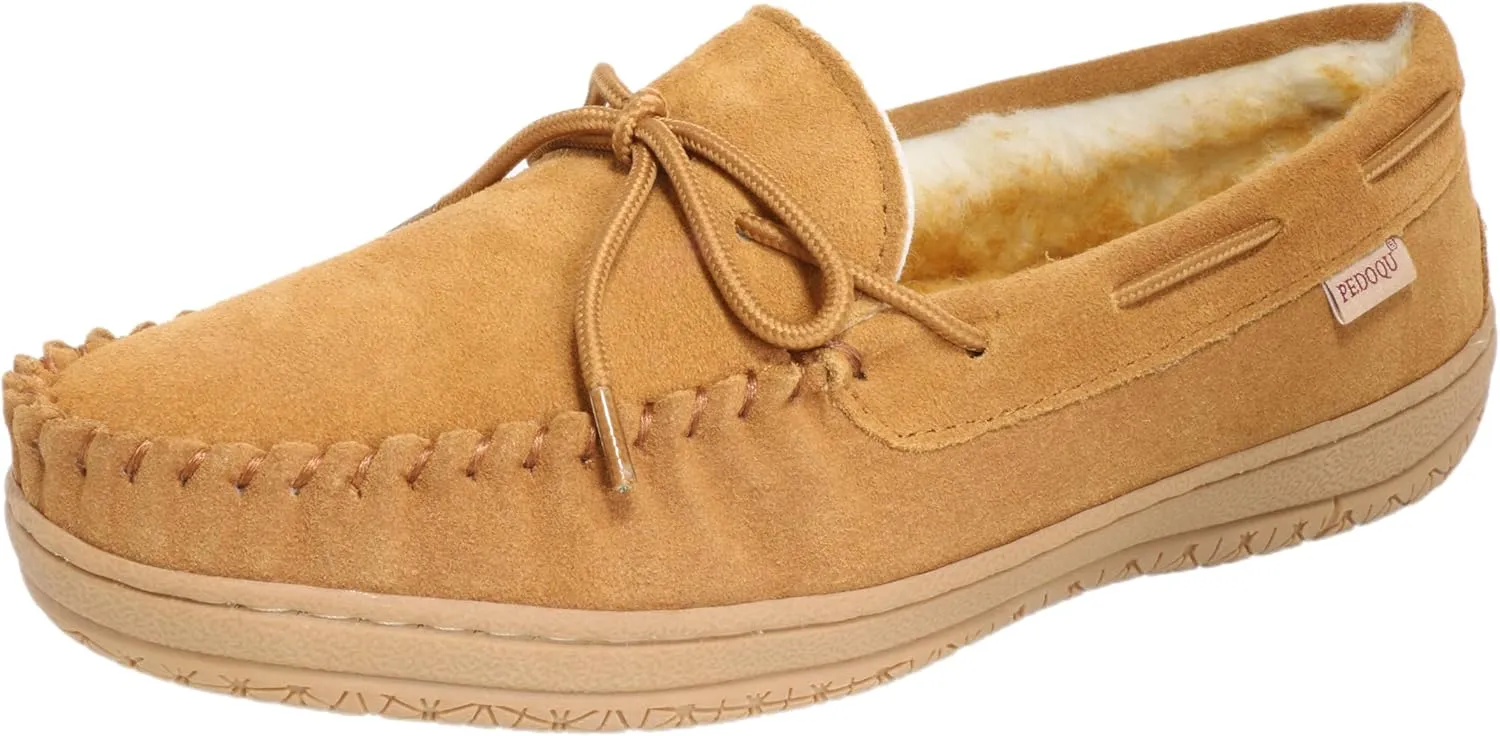 Slippers for Mens House Shoes Moccasin with Genuine suede Upper Flanel Lining Comfortable Memory Foam Rubber Soles Indoor Outdoor