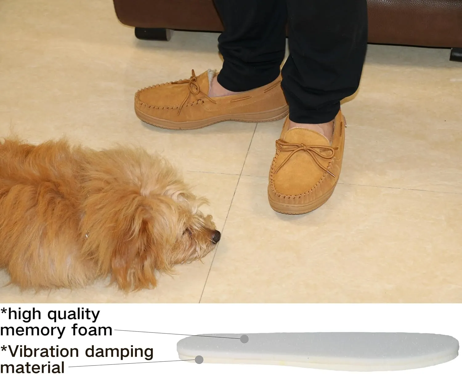 Slippers for Mens House Shoes Moccasin with Genuine suede Upper Flanel Lining Comfortable Memory Foam Rubber Soles Indoor Outdoor
