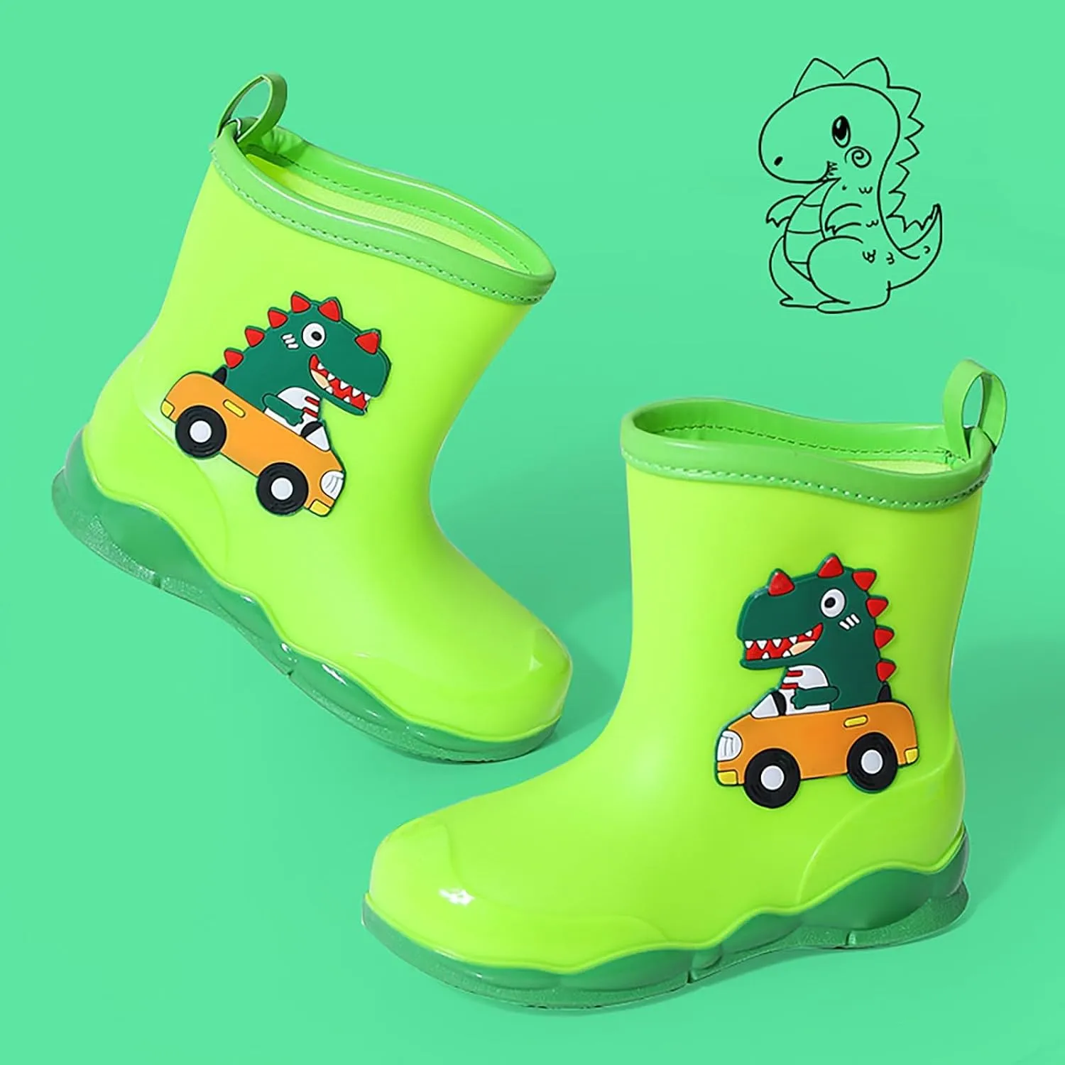 Toddler Kids Waterproof Cute Cartoon Dinosaur Printed Rain Boots Patterns Rubber Boots for Little Boys Toddler Shoes