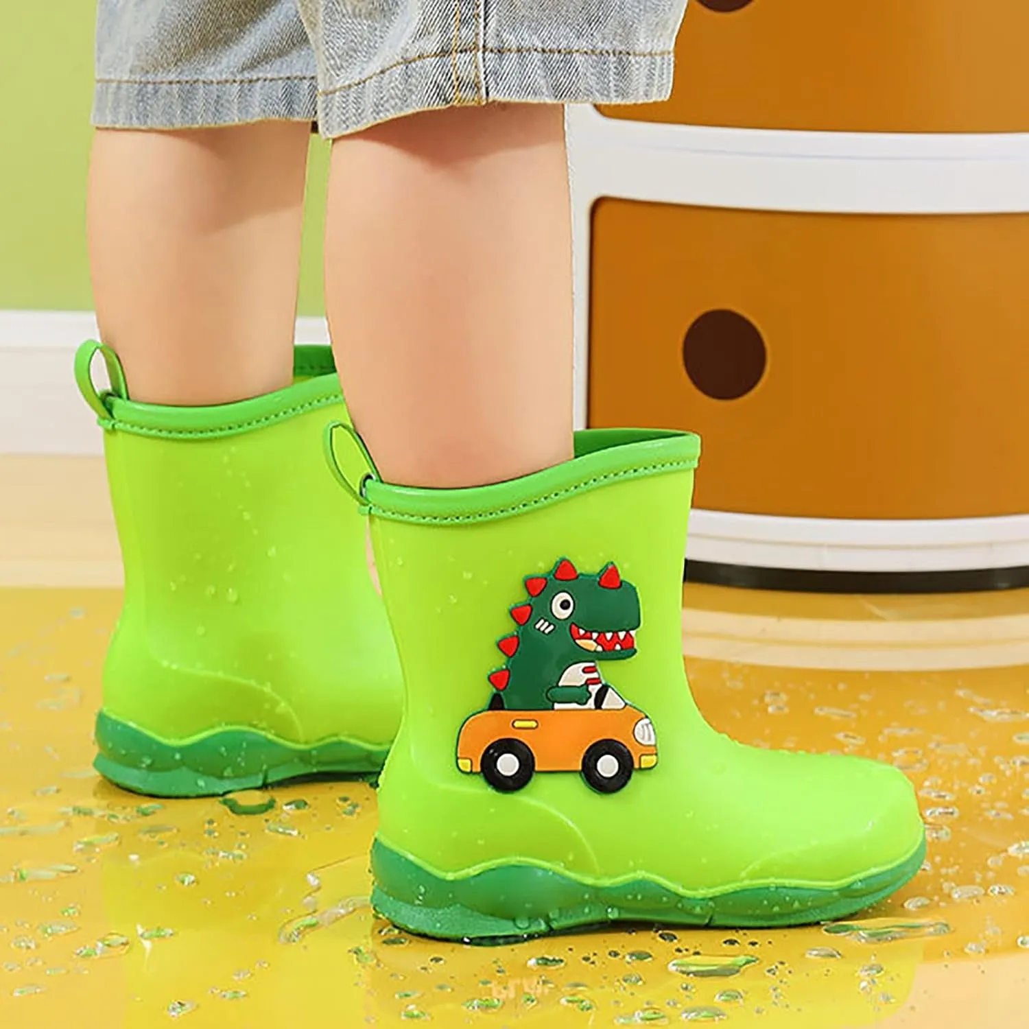 Toddler Kids Waterproof Cute Cartoon Dinosaur Printed Rain Boots Patterns Rubber Boots for Little Boys Toddler Shoes