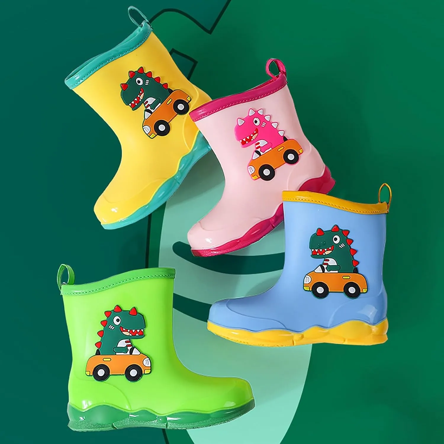 Toddler Kids Waterproof Cute Cartoon Dinosaur Printed Rain Boots Patterns Rubber Boots for Little Boys Toddler Shoes