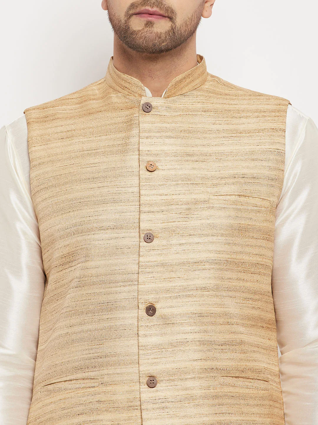 VASTRAMAY Men's Beige Silk Blend Nehru Jacket
