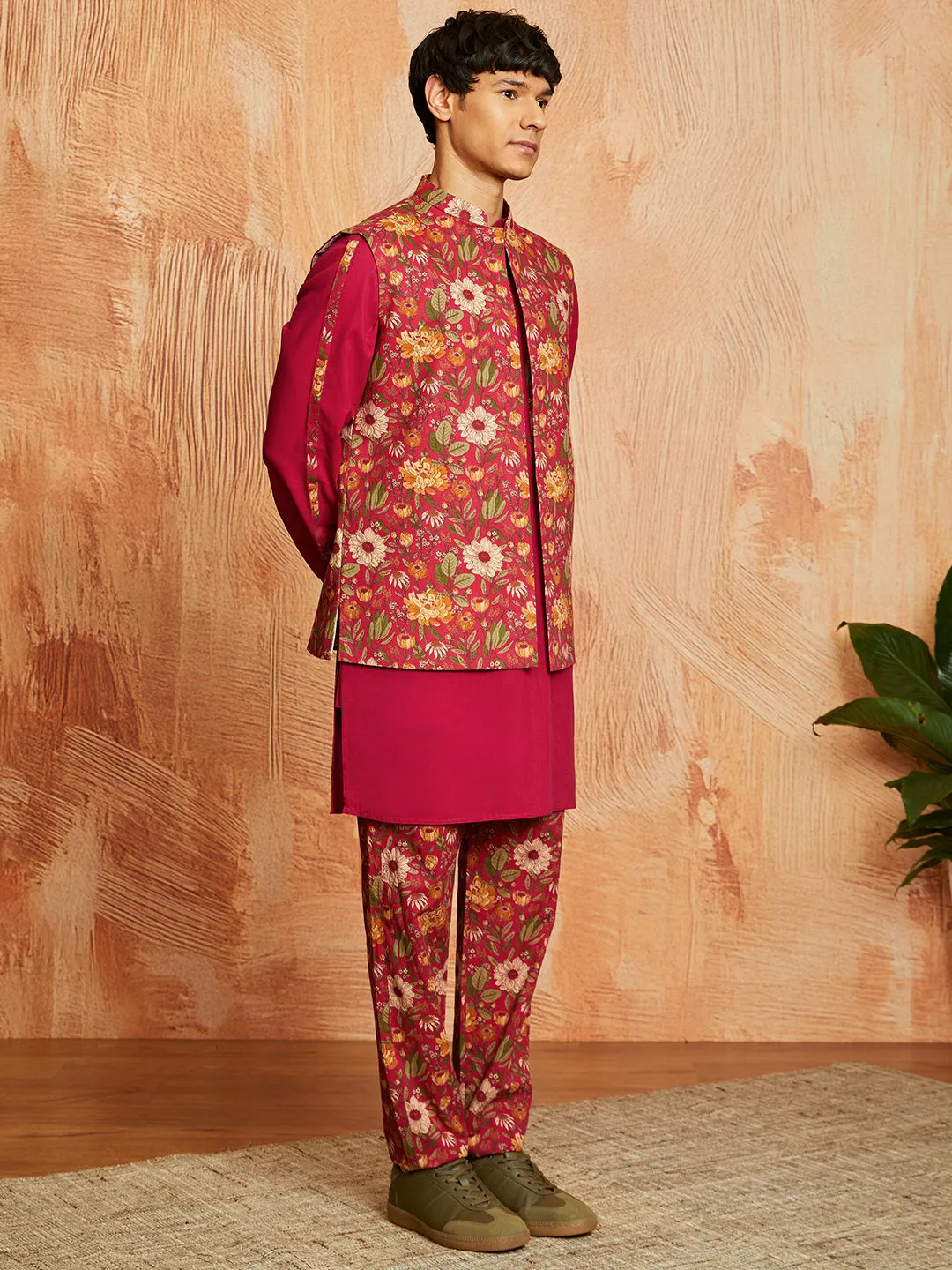 VASTRAMAY Men's Falsa Cotton Jacket Kurta and Pyjama set
