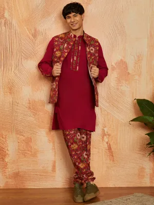 VASTRAMAY Men's Falsa Cotton Jacket Kurta and Pyjama set